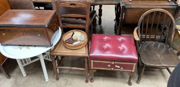 A Swiss music box case together with a folding table, bedroom chair, upholstered sewing stool,