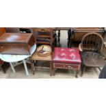 A Swiss music box case together with a folding table, bedroom chair, upholstered sewing stool,