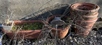 A collection of plastic terracotta style planters