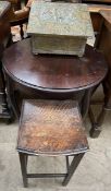 A brass slipper box together with a mahogany occasional table and a small oak table