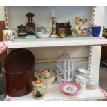 A large lot including hardstone eggs, brass candlesticks, Staffordshire figure, bread bin,