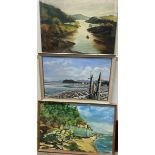 P F Tunshill A beach scene Oil on canvas Signed Together with two other oil paintings