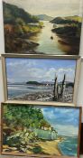 P F Tunshill A beach scene Oil on canvas Signed Together with two other oil paintings