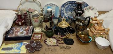 A Royal Worcester Golden Jubilee dish together with cottage teapots, glasses,