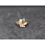 An 18ct gold diamond, ruby, sapphire and emerald dress ring, of floral design, size M,