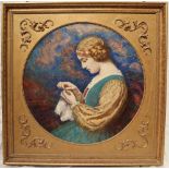 Christopher Williams A maiden sewing with cherubs in the sky beyond Oil on Canvas Signed verso 76cm