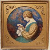 Christopher Williams A maiden sewing with cherubs in the sky beyond Oil on Canvas Signed verso 76cm