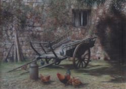 Maggie Miller Cockerel and Hens in a farmyard Watercolour Signed and Betty Williams gallery label