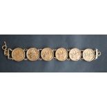 A bracelet set with six Victorian gold sovereigns dated 1897, 1889, 1898, 1889,