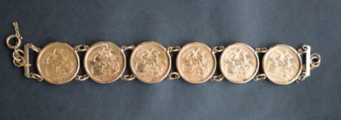 A bracelet set with six Victorian gold sovereigns dated 1897, 1889, 1898, 1889,