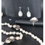 A pearl and paste set necklace, earrings, and ring set,