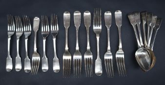 A set of six Victorian fiddle pattern table forks, London, 1845,