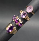 A 9ct gold dress ring set with a pointed oval amethyst,