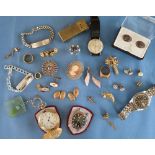 Assorted costume jewellery including rolled gold studs, brooches, pocket watch, wristwatches,