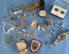 Assorted costume jewellery including rolled gold studs, brooches, pocket watch, wristwatches,