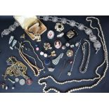 A silver Albert watch chain together with assorted costume jewellery including brooches,