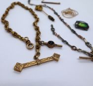 A 9ct gold Albert watch chain, together with a 9ct gold bar brooch,