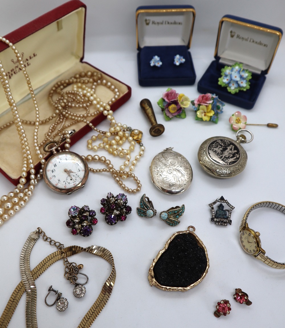 Assorted costume jewellery including Royal Doulton floral earrings and brooch, simulated pearls,
