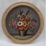 H Shaw Still life study of a vase of flowers Oil on board Signed 49cm diameter