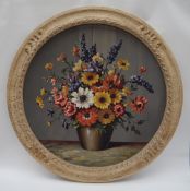 H Shaw Still life study of a vase of flowers Oil on board Signed 49cm diameter