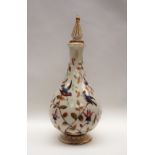 A Derby bottle vase and cover, painted with birds amongst garden flowers, on a spreading foot,