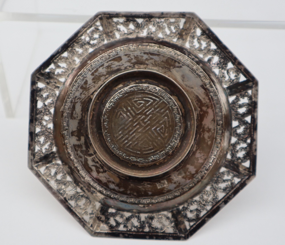 A Chinese white metal dish of octagonal form, the rim pierced with flowers, - Image 4 of 10