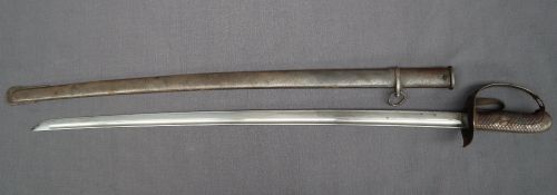 A 19th century sword, with a chequered steel and wooden grip, with a swept steel guard, the 76.