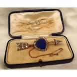 A Victorian diamond and heart shaped lapis lazuli set arrow bar brooch,