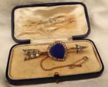 A Victorian diamond and heart shaped lapis lazuli set arrow bar brooch,