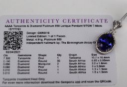 Gemporia - An platinum tanzanite and diamond Lorique pendant, set with a 7.
