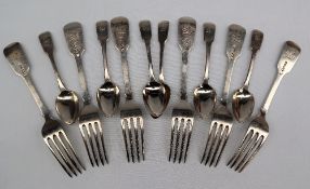 A set of six William IV silver fiddle pattern table forks, London, 1837,