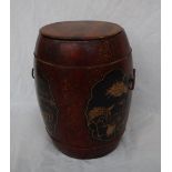A Chinese barrel rice bucket, with a planked lid, decorated with figures and birds,