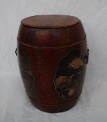 A Chinese barrel rice bucket, with a planked lid, decorated with figures and birds,