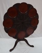 A 19th century mahogany tripod table with a carved top with eight separate plate wells on a