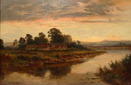 Charles Leader A river scene with a town and castle on the banks Oil on canvas Signed 60 x 91cm