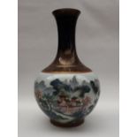 A Chinese porcelain bottle vase decorated with landscape and river scenes, seal mark to the base,