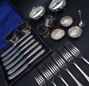 A set of five Victorian silver dessert forks, London, 1845 together with silver napkin rings,