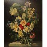 Gerald Cooper Still life study of a vase of garden flowers on a plinth Oil on board Signed 74.