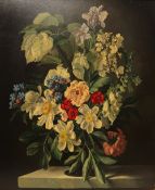 Gerald Cooper Still life study of a vase of garden flowers on a plinth Oil on board Signed 74.