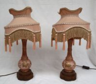 A pair of opaque glass and gilt metal mounted table lamps of vase shape decorated with flowers and