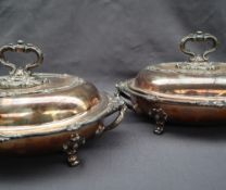 A pair of electroplated entree dishes, with liners and removable handles,