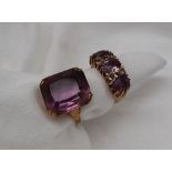 A 9ct gold amethyst set ring, size M together with another Amethyst set dress ring, size M,