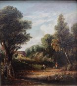 In the manner of Joseph Paul Figures in a landscape Oil on board 25 x 22.