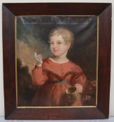 19th century British School Head and shoulders portrait of a young child holding a tankard Oil on