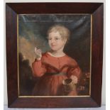 19th century British School Head and shoulders portrait of a young child holding a tankard Oil on