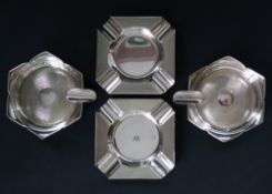 A pair of Elizabeth II silver square ashtrays, with engine turned decoration, engraved with a "W",