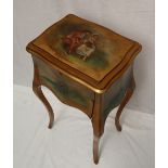 A French side table, the shaped hinged rectangular top decorated with figures on a bench,