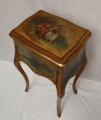 A French side table, the shaped hinged rectangular top decorated with figures on a bench,