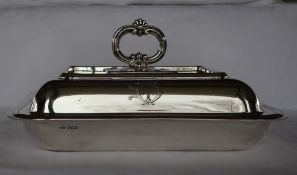 A George V silver entree dish and cover, of rectangular form, with removable handle, Sheffield,