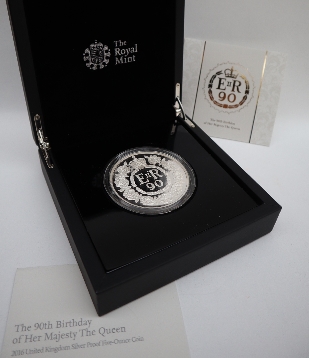 A 2016 United Kingdom silver proof five ounce coin to commemorate the 90th Birthday of Her Majesty